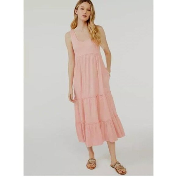 Scoop Tiered Sundress Gauzy Lined Retro Boho Bohemian Hippie‎ Peach Size Large - Picture 1 of 10
